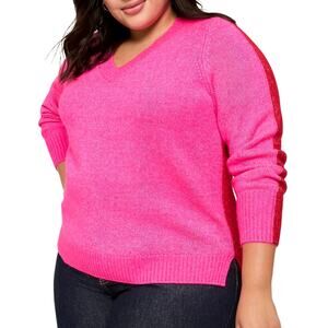 Lane Bryant V-Neck Colorblock Sweater Hot Pink & Red Soft Knit Sz 22/24